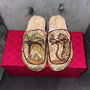 Tory Burch Beige Jacquard Needlepoint Mules
